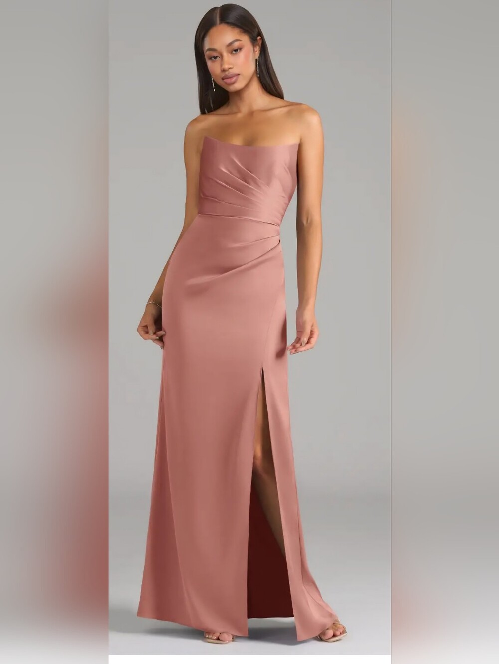 Strapless Satin Bridesmaid Dress Pink Formal Evening Maxi Slit Gown Size 12